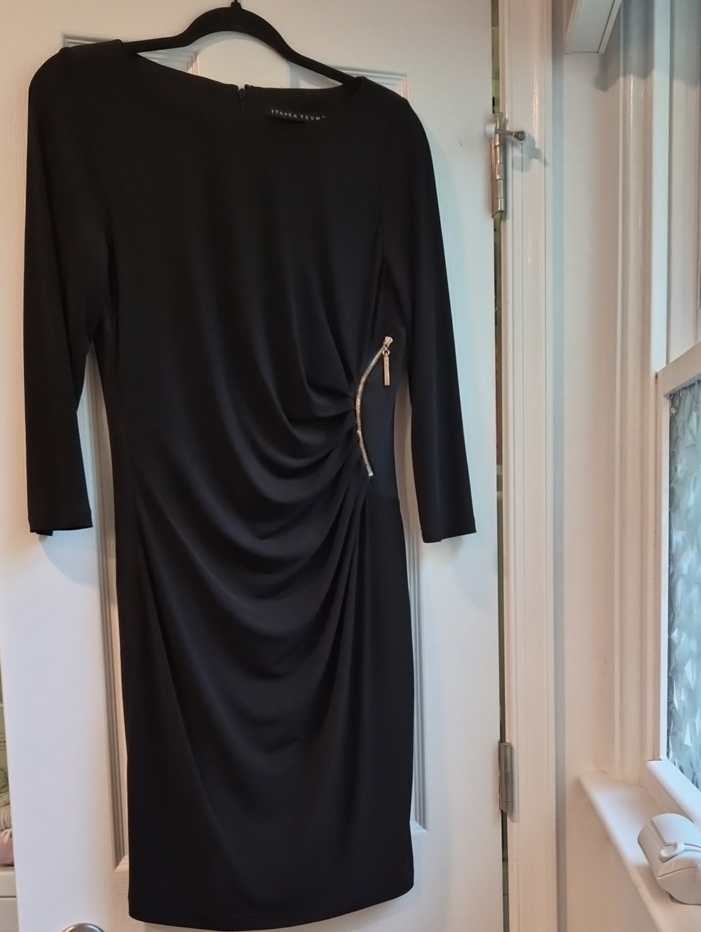 Ivanka Trump Black Long-Sleeve Draped Midi Dress with Gold Zip Accent Size 10